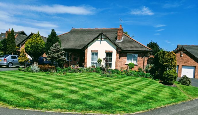 chequered pattern mown into front lawn