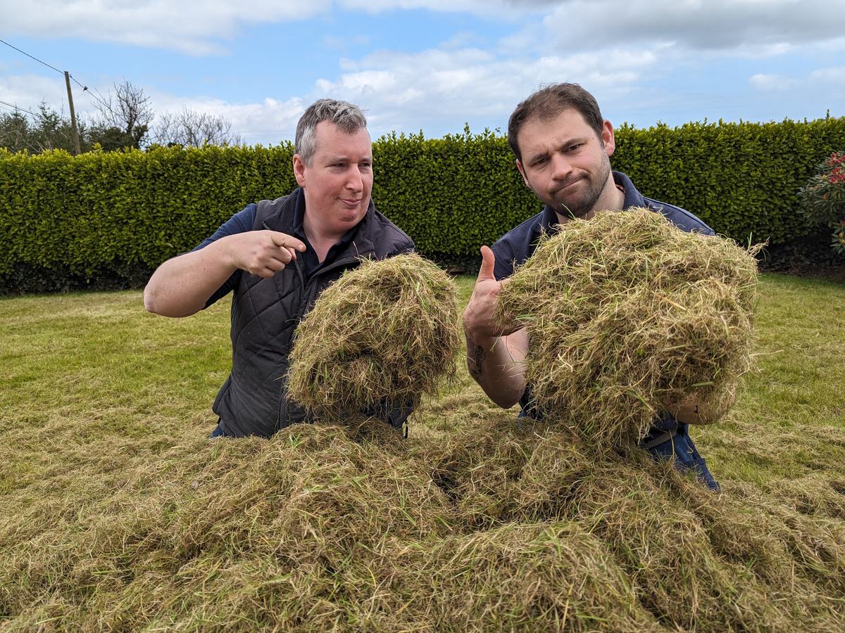 Robbie and Jason from Premier Lawns holding up armfuls of moss and thatch pulled out of a lawn by scarifying